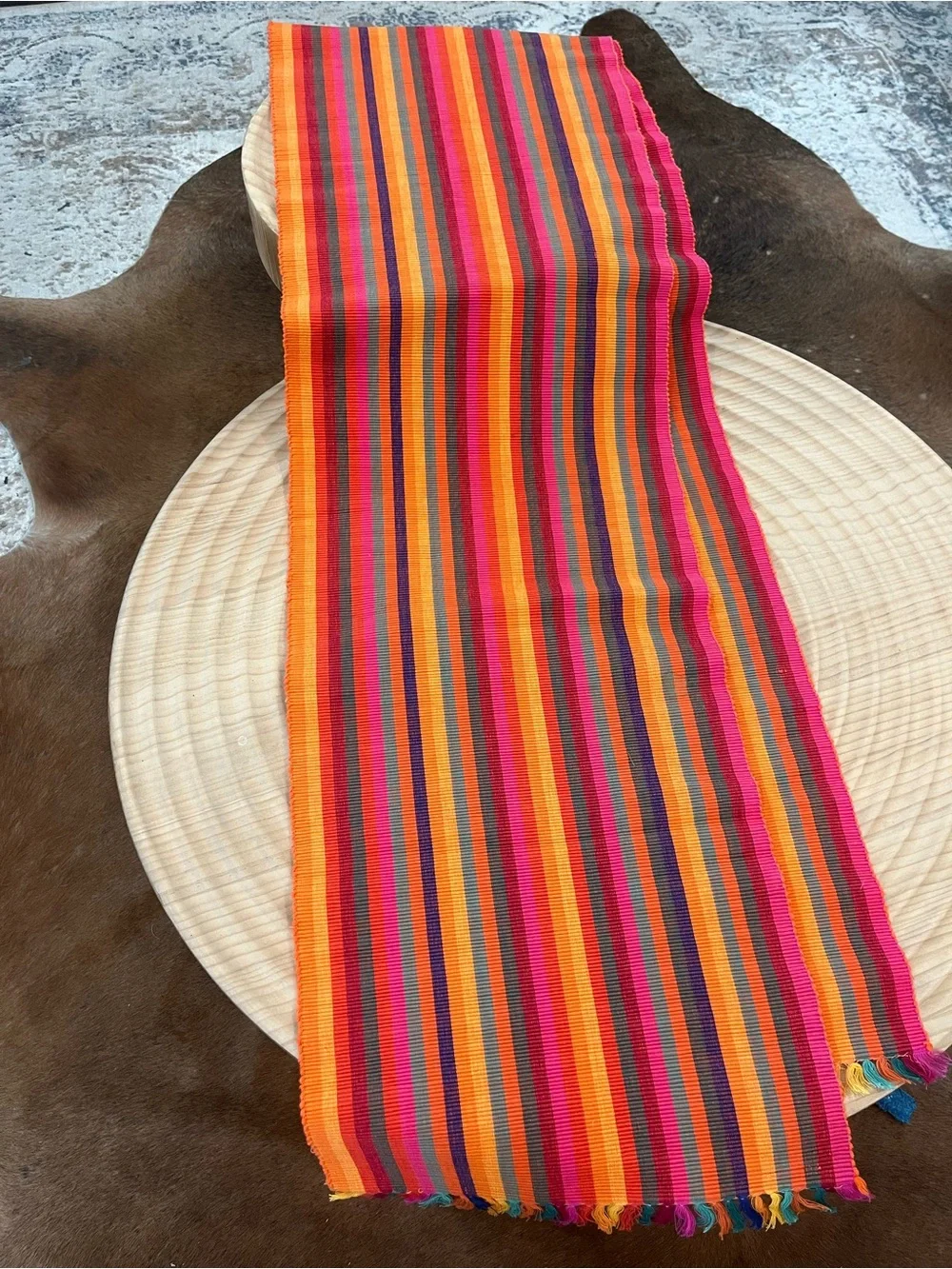 Crate and Barrel Fiesta Stripe Fringed Table Runner 14 X 108” Excellent